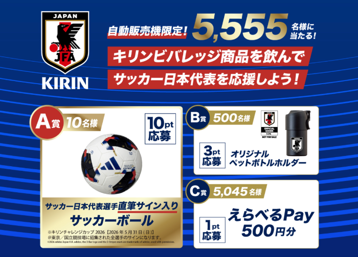 キリンビバレッジ 自動販売機限定！キリンビバレッジ商品を飲んでサッカー日本代表を応援しよう！