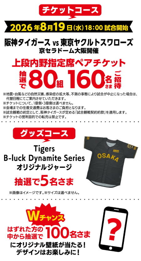 阪神タイガース観戦ペアチケット、タイガースオリジナルグッズなど