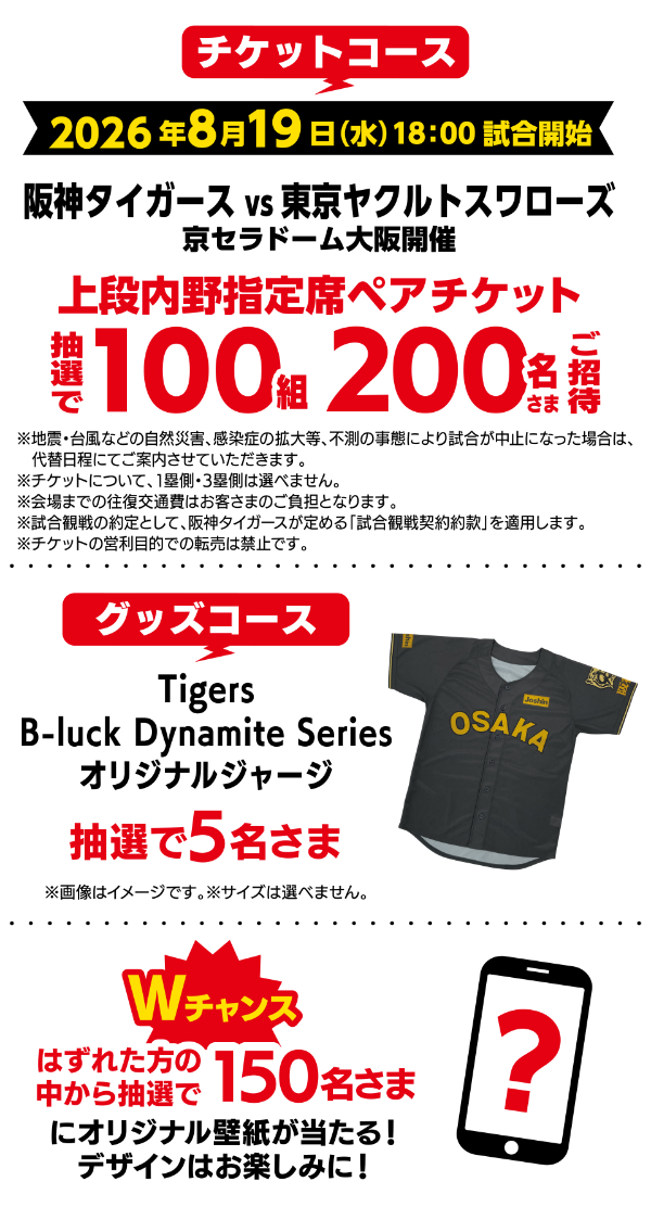 阪神タイガース観戦ペアチケット、タイガースオリジナルグッズなど