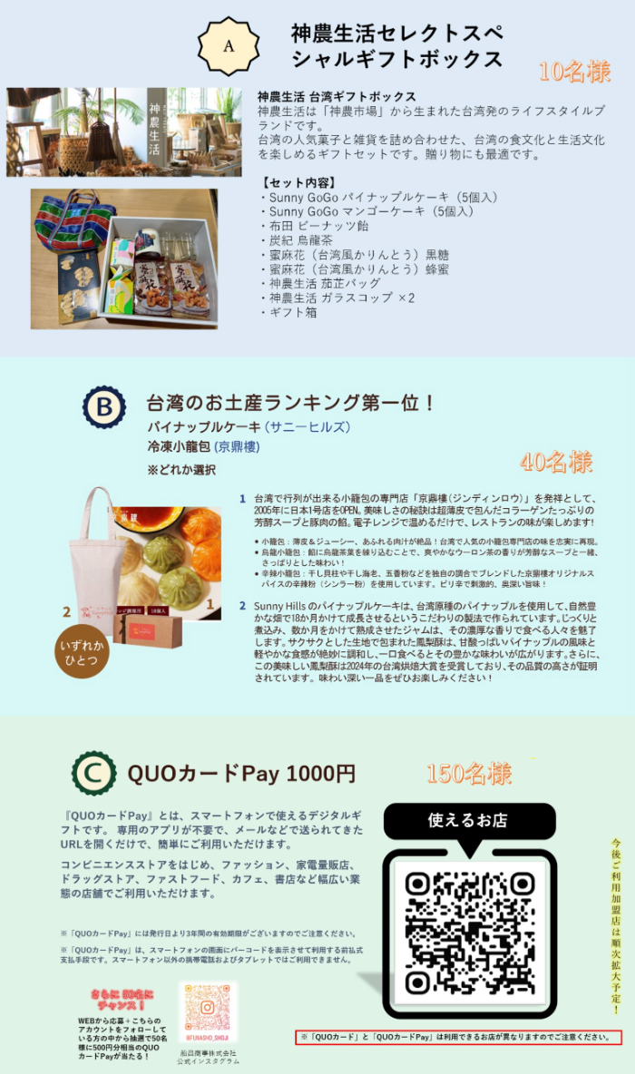 QUOカードPay1,000円分、神農生活ギフトボックスなど