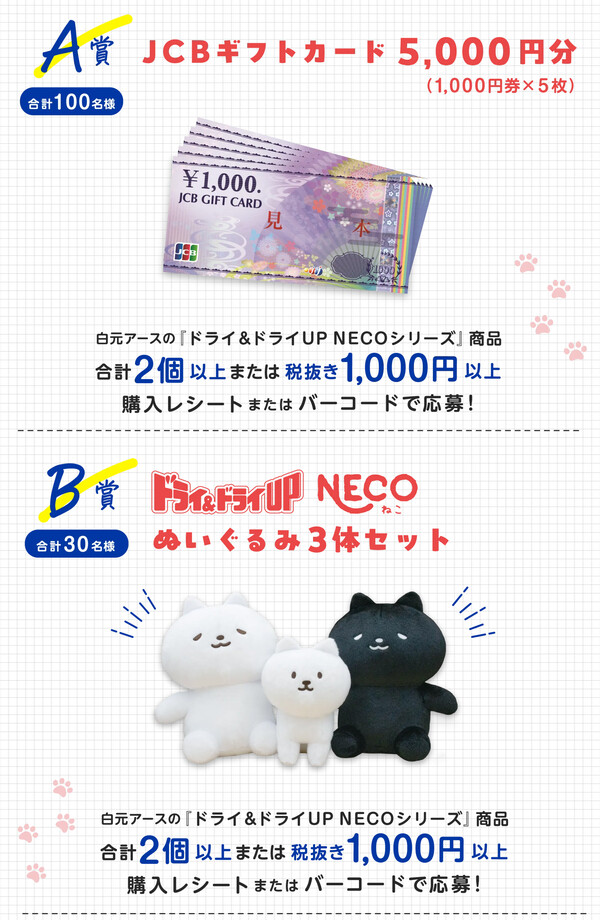 JCBギフトカード5,000円分、ドライ&ドライUP NECO ぬいぐるみ3体など
