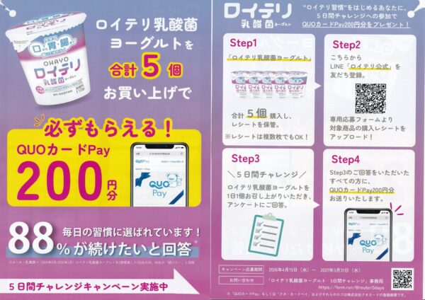 オハヨー乳業 ロイテリ乳酸菌ヨーグルト 5日間チャレンジ 懸賞チラシ