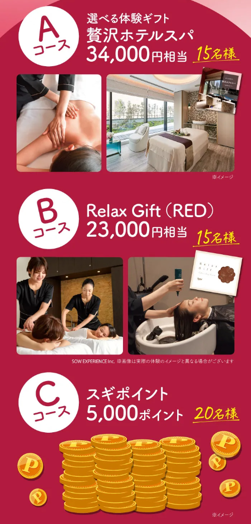 贅沢ホテルスパ、スギポイント5,000円分など