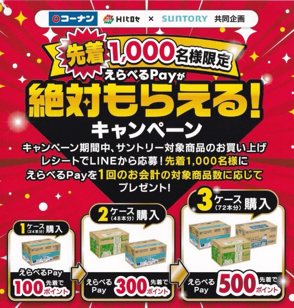 コーナン・HIヒロセ×サントリー 先着1,000名様限定 えらべるPayが絶対もらえる！キャンペーン