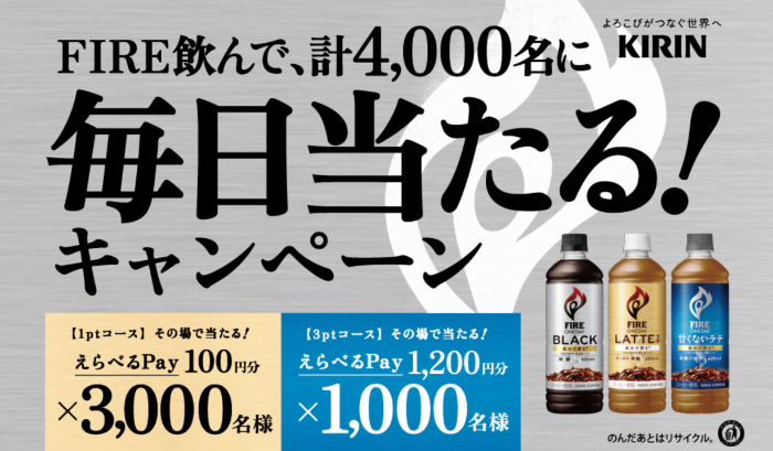 キリンビバレッジ FIRE飲んで計4,000名に毎日当たる！キャンペーン