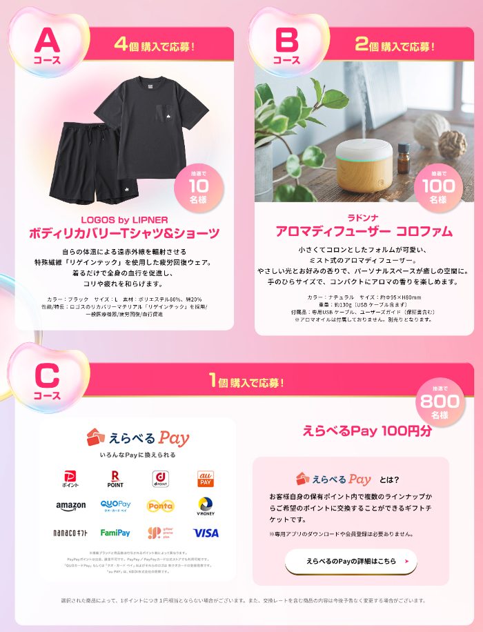 リカバリーウェア、アロマディフューザー、えらべるPay100円分