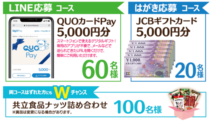 QUOカードPay・JCBギフトカード 5,000円分、ナッツ詰め合わせ
