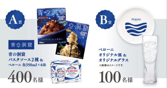 青の洞窟 パスタソース×ペローニ 6缶、オリジナル皿&グラス