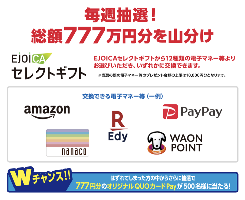 EJOICAセレクトギフト総額777万円分山分け、QUOカードPay777円分