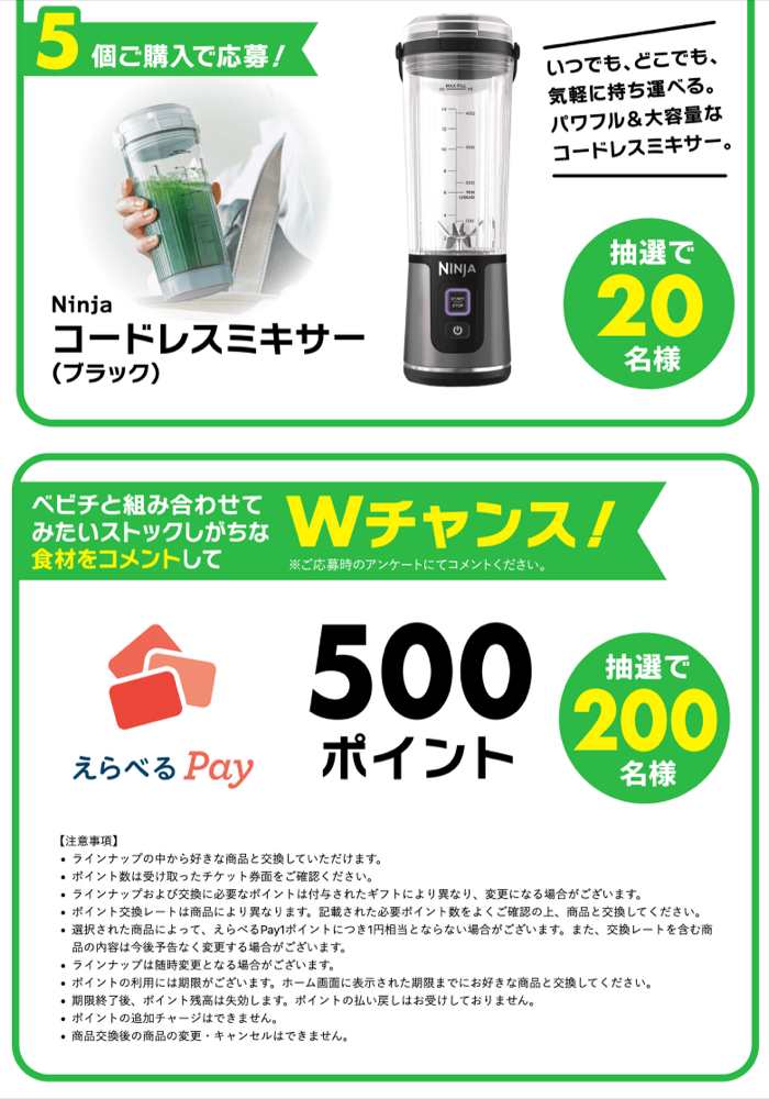 えらべるPay500ポイントなど