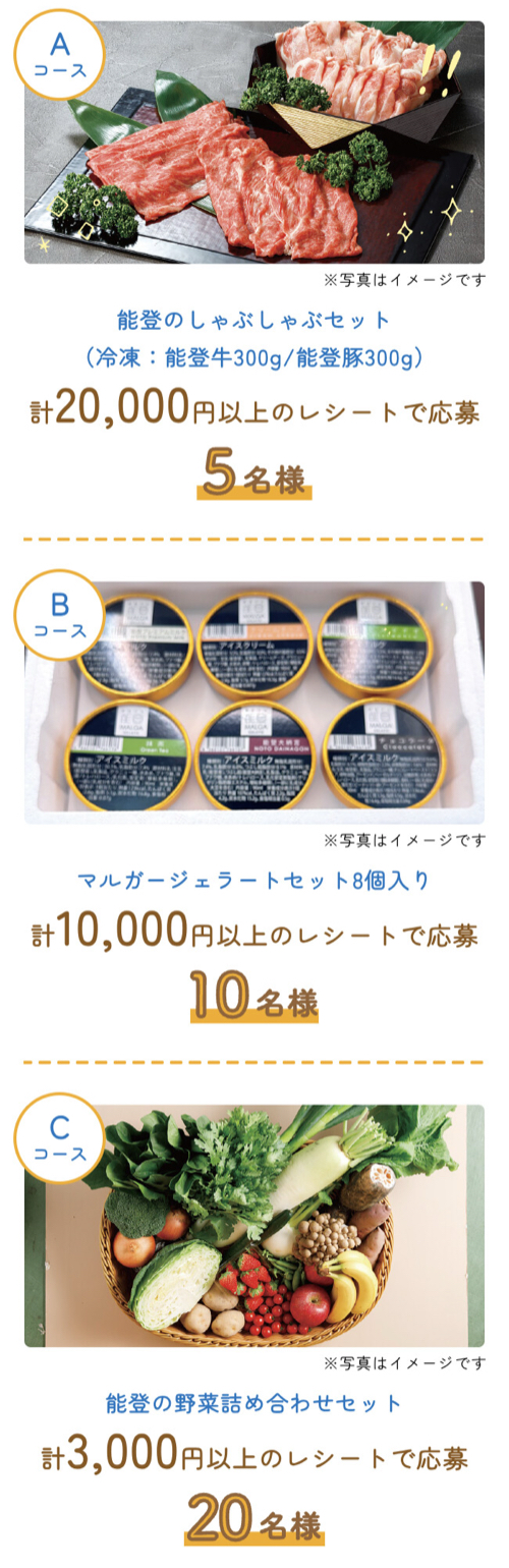 能登のしゃぶしゃぶセット、マルガージェラートセットなど