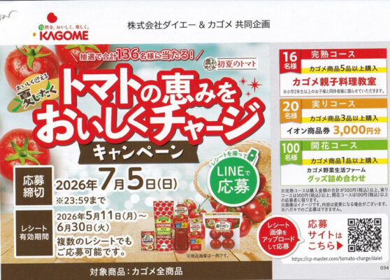 ダイエー×カゴメ トマトの恵みをおいしくチャージキャンペーン 懸賞ハガキ