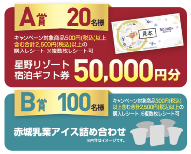 星野リゾート 宿泊ギフト券5万円分、赤城乳業 アイス詰め合わせ