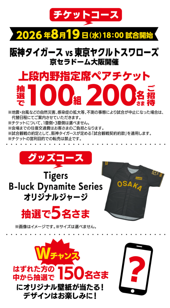 観戦ペアチケット、タイガースオリジナルグッズなど