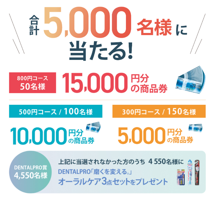 商品券 最大15,000円分、オーラルケアセット