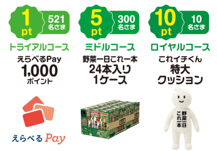 えらべるPay1,000ポイント、これイチ24本入り1ケース、これイチくん特大クッション