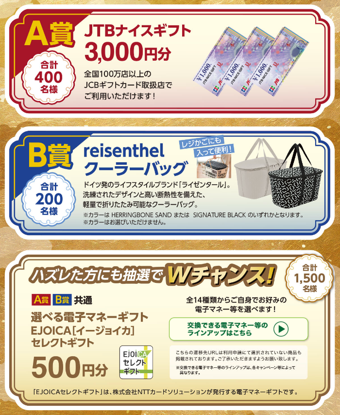 JTBナイスギフト3,000円分、クーラーバッグ、選べる電子マネーギフト500円分