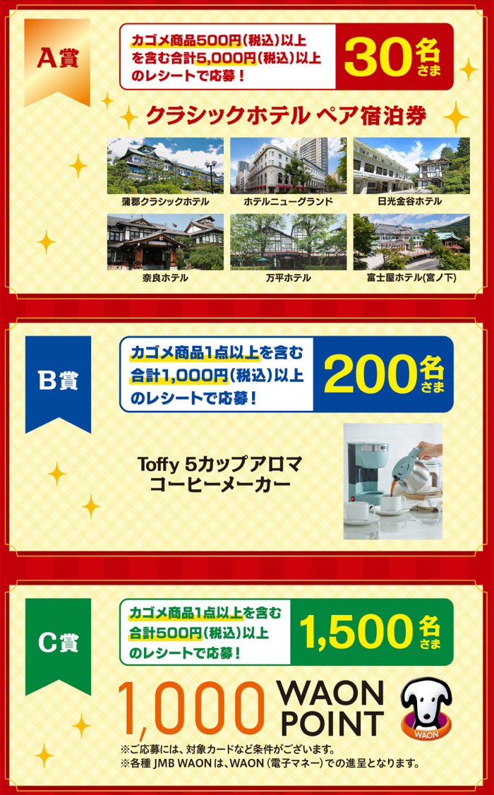 クラシックホテルペア宿泊券、Toffy5コーヒーメーカー、1,000WAON POINT