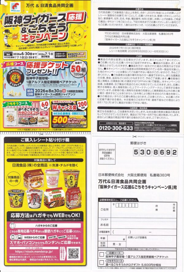 万代×日清食品 阪神タイガース応援&ごちそうキャンペーン 懸賞ハガキ