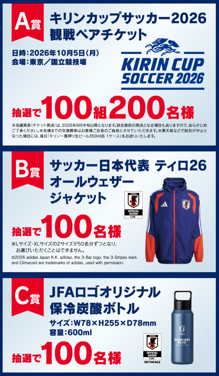 サッカー観戦ペアチケット、ジャケット、保冷炭酸ボトル