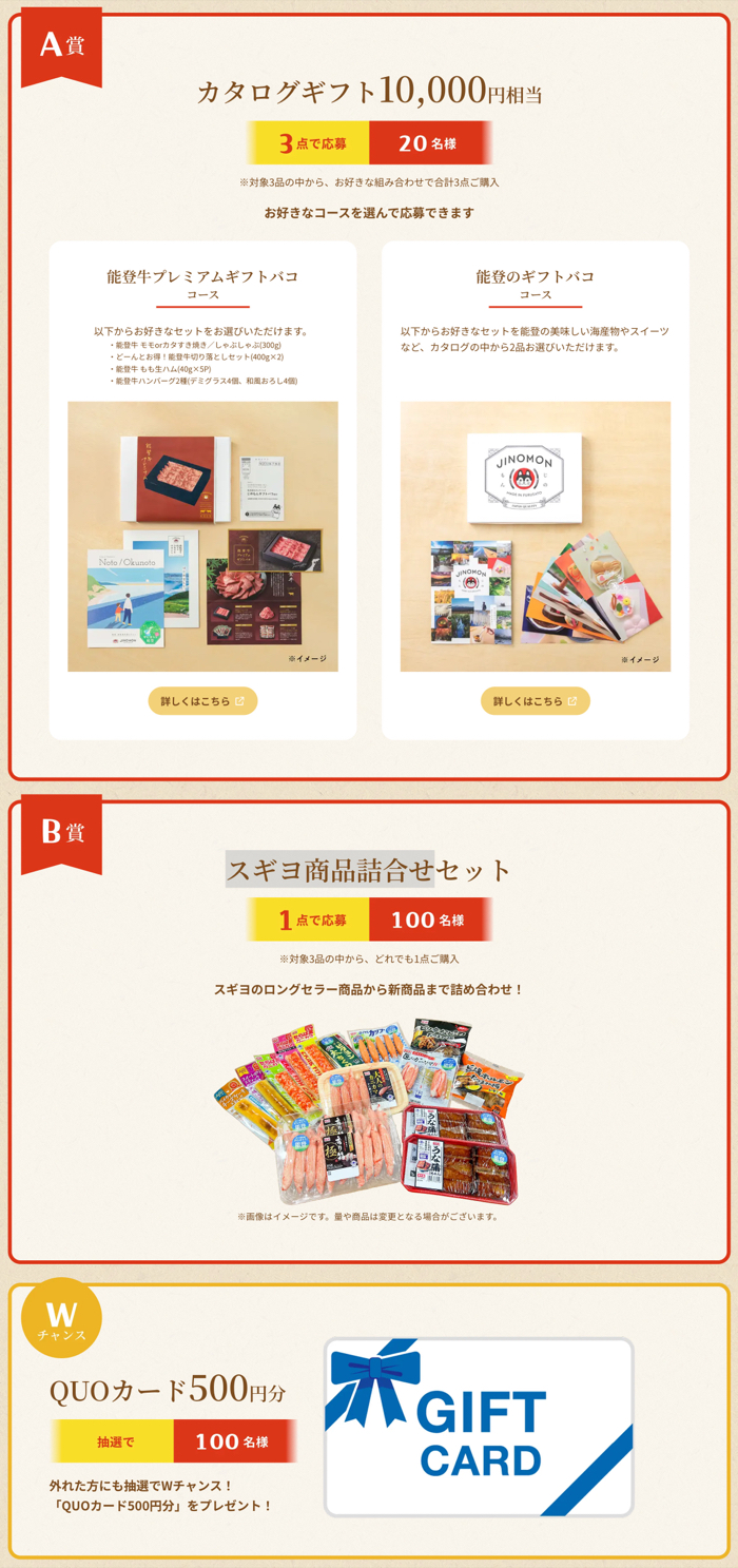 カタログギフト1万円円分、スギヨ商品詰合せ、QUOカード500円分