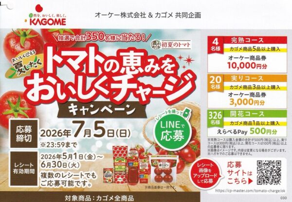 オーケー×カゴメ トマトの恵みをおいしくチャージキャンペーン 懸賞ハガキ