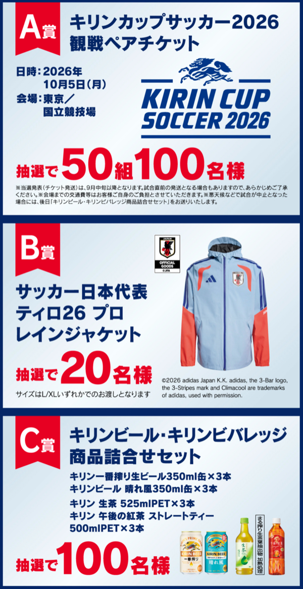 キリンカップサッカー2026 観戦ペアチケット、レインジャケット、キリン 詰め合わせ