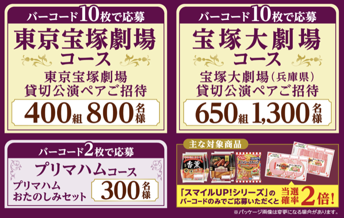 宝塚歌劇 貸切公演ペアご招待、プリマハムおたのしみセット
