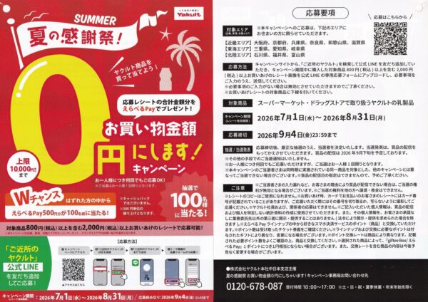 ヤクルト お買い物金額0円にしますキャンペーン 懸賞ハガキ