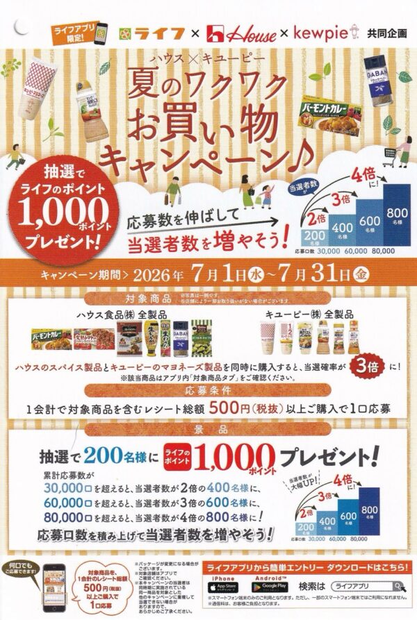 ライフ×ハウス食品×キューピー 夏のワクワクお買い物キャンペーン♪ 懸賞ハガキ