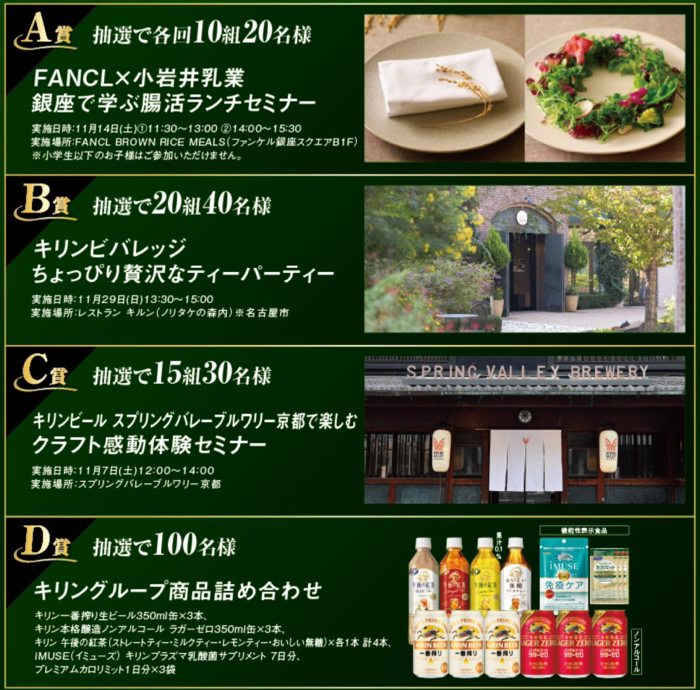腸活ランチセミナー、キリン商品詰め合わせ など