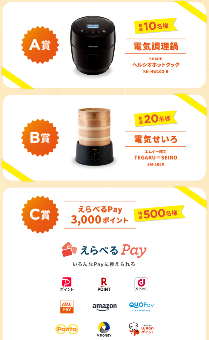 ホットクック、電気せいろ、えらべるPay3,000ポイント