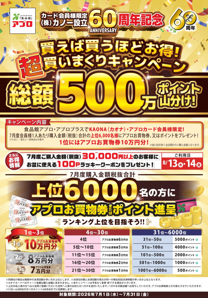 食品館アプロ カノー設立60周年記念 総額500万ポイント山分け！超買いまくりキャンペーン