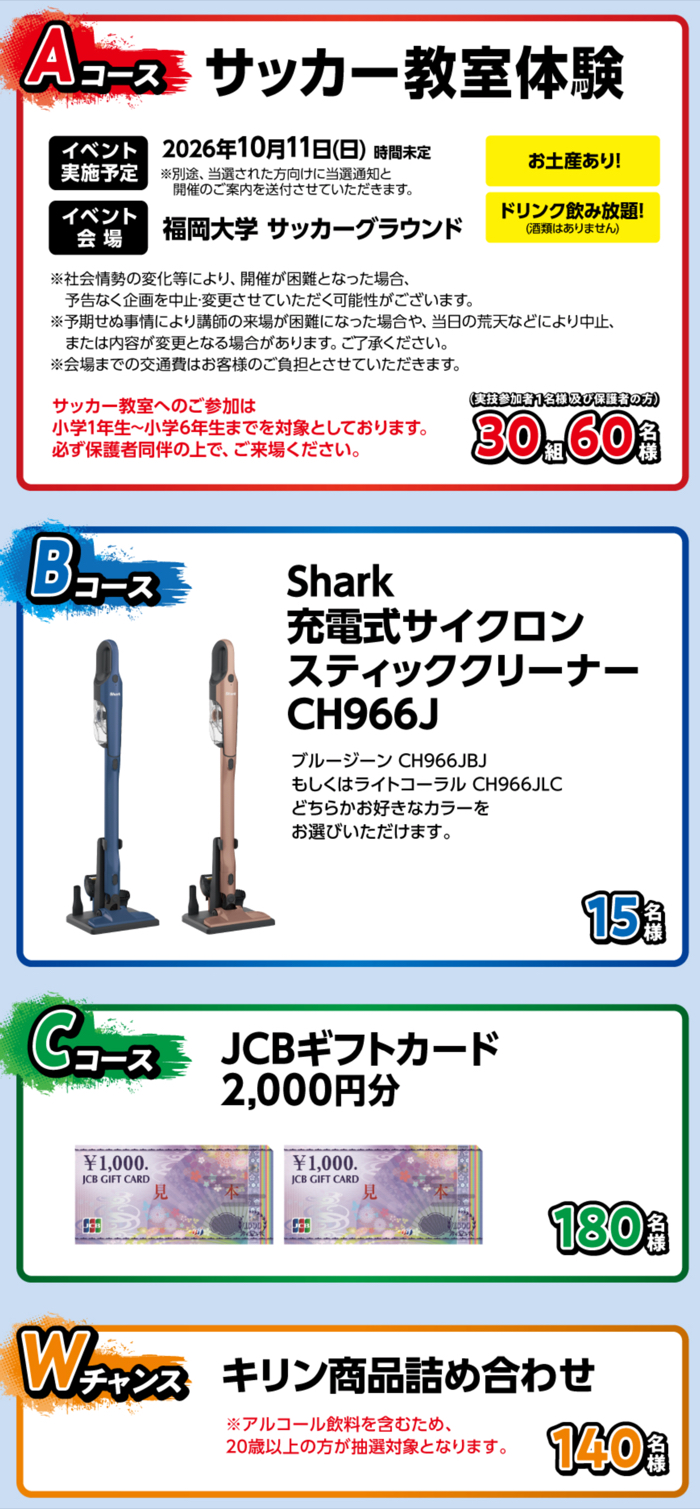 サッカー教室体験、シャーク掃除機、JCBギフトカード2,000円分など