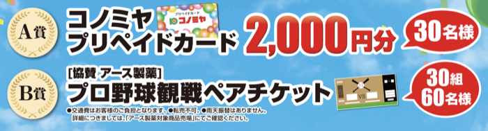 コノミヤプリペイドカード2,000円分、プロ野球観戦チケット