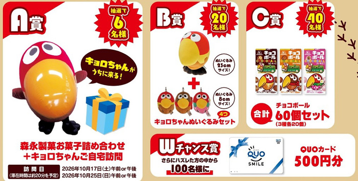 キョロちゃんご自宅訪問＋お菓子詰め合わせ、QUOカード500円分など