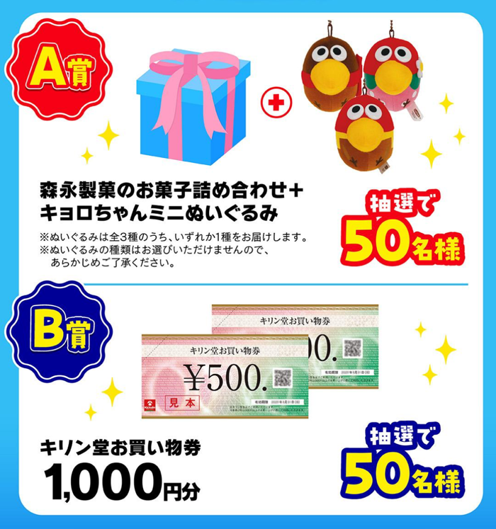 お菓子詰め合わせ+キョロちゃんぬいぐるみ、キリン堂お買い物券 1,000円分