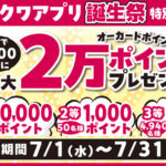 オークワ オークワアプリ誕生祭！オーカードポイント2万ポイントプレゼント！