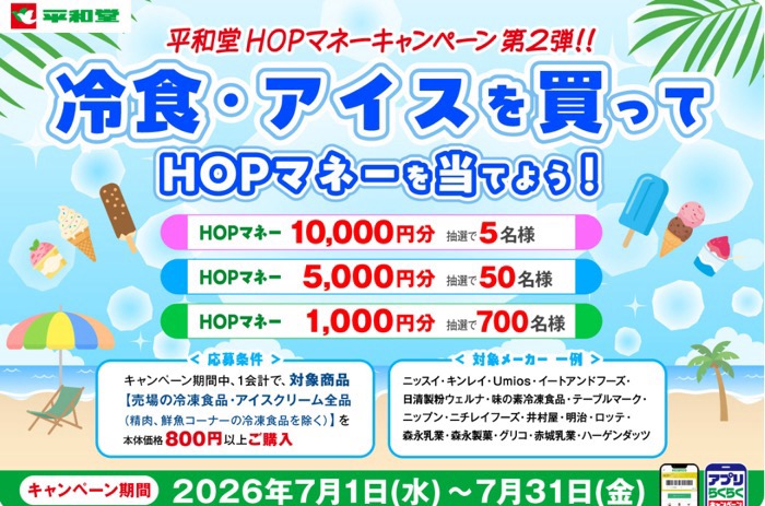 平和堂×グンゼ 冷食・アイスを買って当てよう！HOPマネーキャンぺーン第二弾