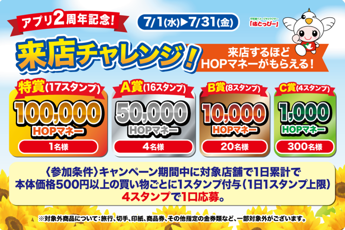 平和堂 アプリ2周年記念！来店チャレンジ！来店するほどHOPマネーが当たる！