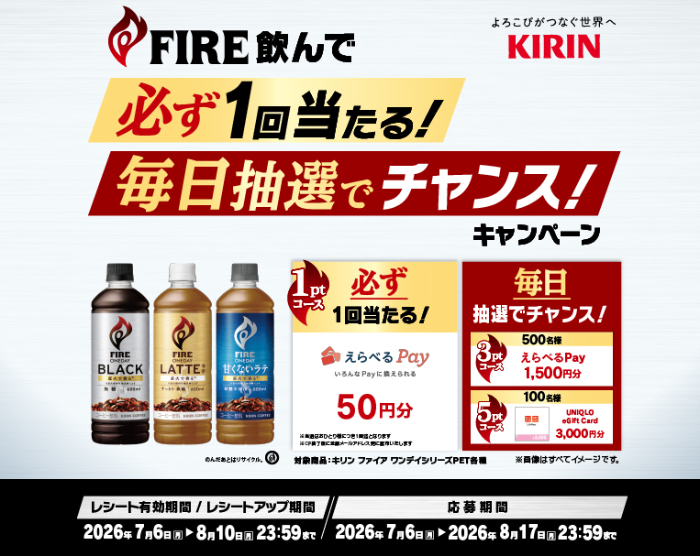 キリンビバレッジ FIRE飲んで必ず1回当たる！毎日抽選でチャンス！キャンペーン