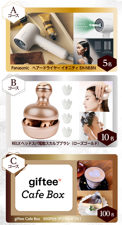 Panasonic ヘアドライヤー、giftee cafe Box 500円分など