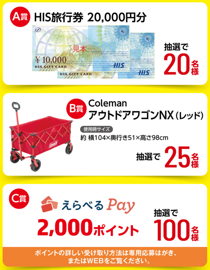 旅行券2万円分、コールマン アウトドアワゴン、えらべるPay2,000円分