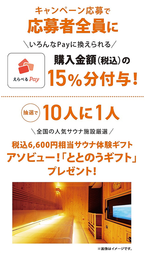 えらべるPay15%還元、サウナ体験ギフト