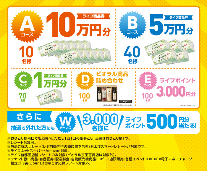 ライフ商品券最大10万円分、ビオラル商品詰め合わせ、ライフポイント最大3,000円分