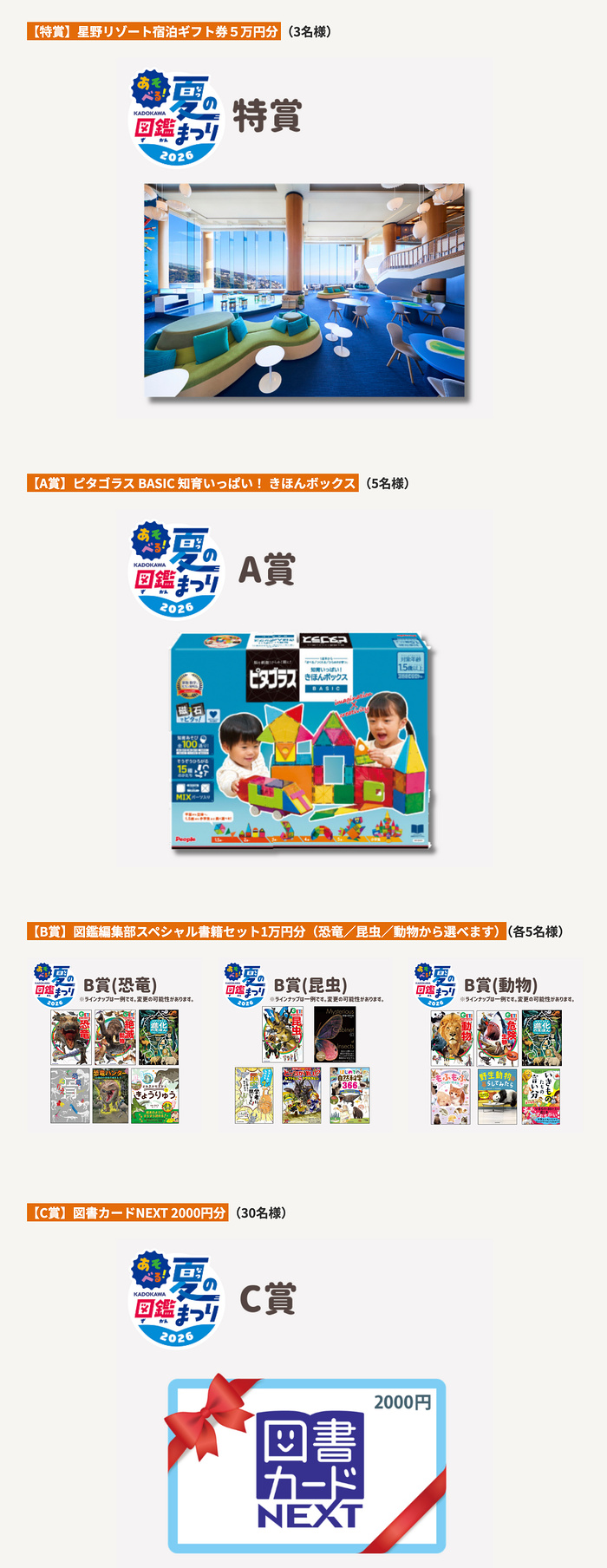 星野リゾート宿泊ギフト券5万円、図書カードNEXT 2000円など