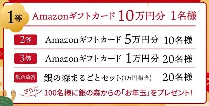 Amazonギフトカード最大10万円分、銀の森まるごとセット1万円分など