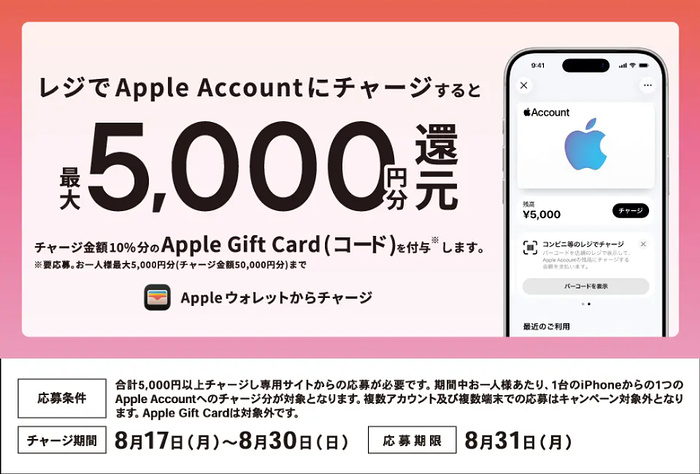 コンビニ Apple Gift Cardチャージ 10%還元キャンペーン ローソン・ミニストップ・セブンイレブン・ファミリーマート Apple Gift Cardチャージ 10%還元キャンペーン