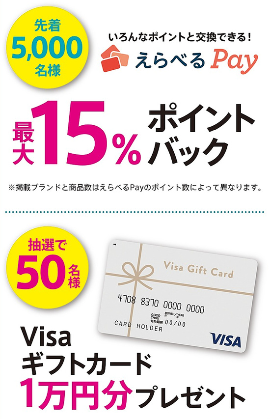 Visaギフトカード1万円分、えらべるPay最大15%ポイントバック