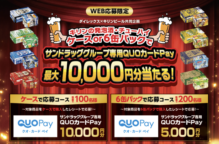 ダイレックス×キリンビール キリンの発泡酒・チューハイ ケースor 6缶パックでサンドラッググループ専用QUOカードPay 最大10,000円分当たる！キャンペーン